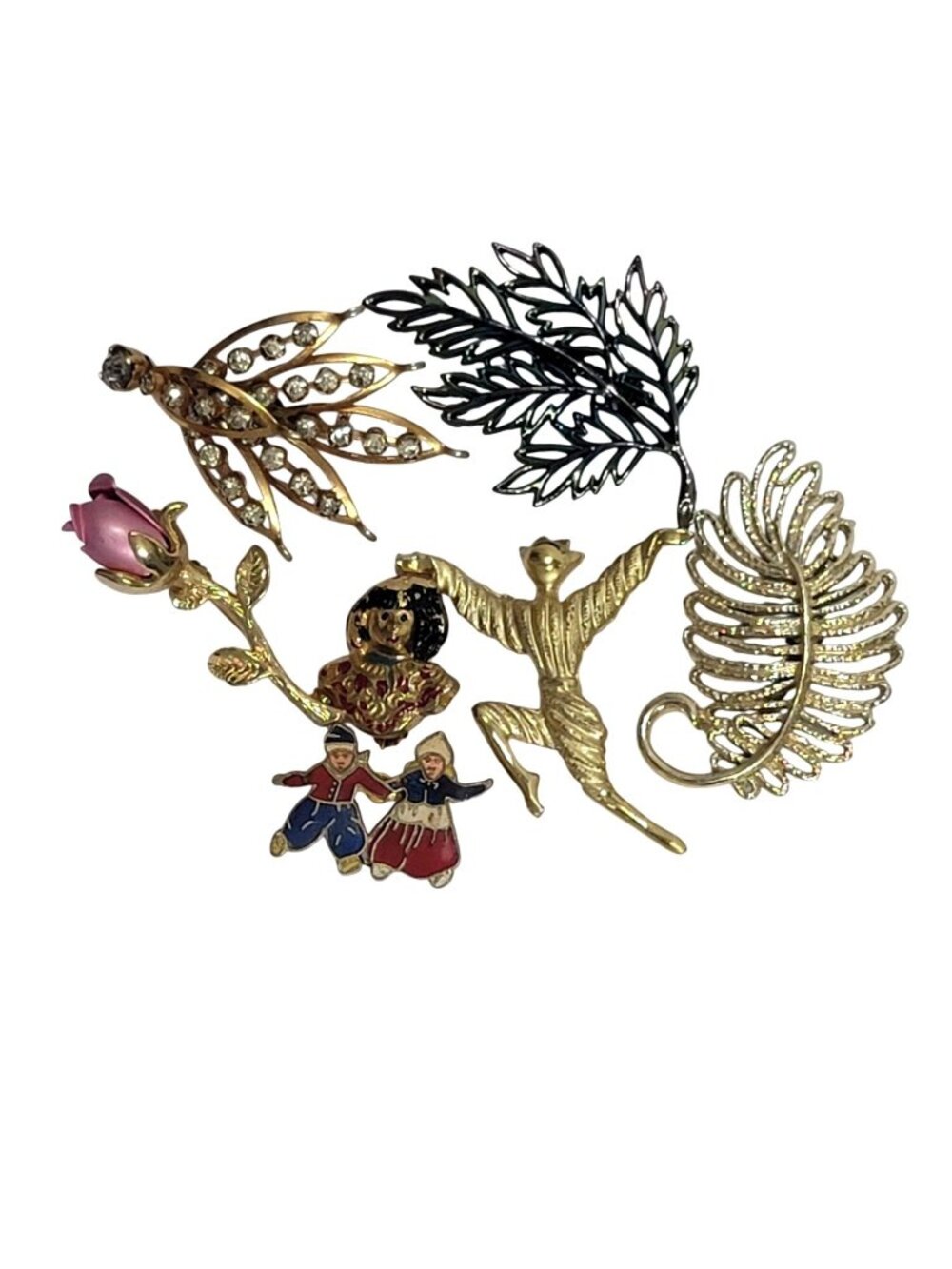 Set Of 7 Vintage Brooch Pins With Floral Figurative & Rhinestone Designs